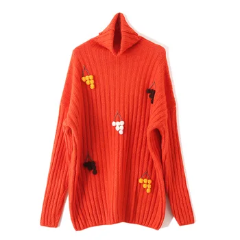

Oversized Long Turtleneck Sweaters Women Pullover Winter Warm Grape Pattern Pom Pom Sweater Jumper Long Sleeve Loose Clothes