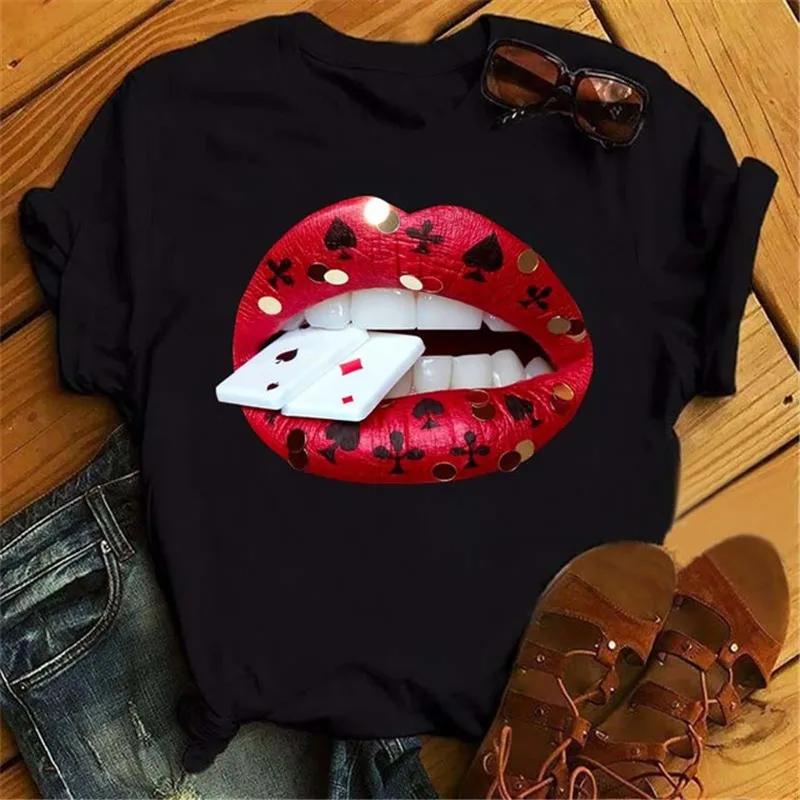 Fashion Lips Print Women T Shirt Casual Short Sleeve O Neck Loose Women Tshirt Ladies Tee Shirt Tops Clothes Camisetas Mujer 2