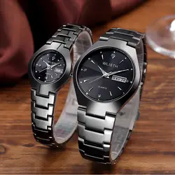 Wlisth черные женские серебряные часы Для мужчин кварцевые часы с календарем, с искусственным бриллиантом пара Женские часы Relogio Feminino
