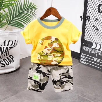

2PCS WLG Boys Fashion Outfits Kids Summer Yellow Cartoon T Shirt and Camouflage Short Set Baby Boy Clothes for 2-6 Years