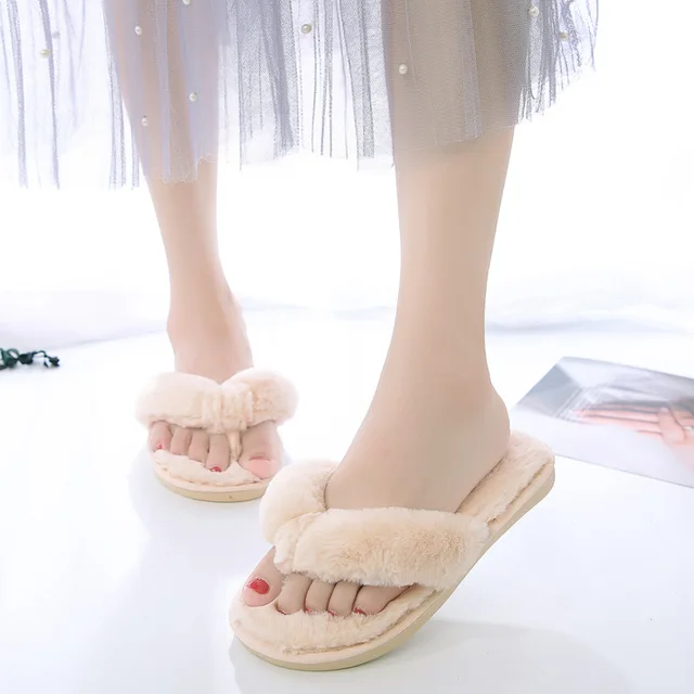 Warm Fluffy Slippers Women Cozy Faux Fur Cross Indoor Floor Slides Flat Soft Furry Shoes Ladies Female Celebrities Flip Flops C-Beige