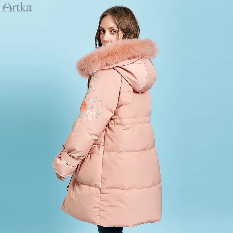Goede ARTKA 2019 Winter Nieuwe Vrouwen Bloem Borduren 90% Witte Eend Down Jas Vos Bontkraag Capuchon Dikke Warme Lange Down jassen ZK10790D