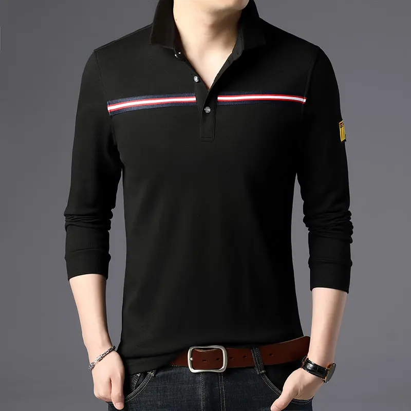 Новинка года, модные брендовые рубашки поло высшего качества, мужские рубашки-поло со стоячим воротником в Корейском стиле с длинными рукавами, приталенная Повседневная рубашка для мальчиков, мужская одежда - Цвет: Черный