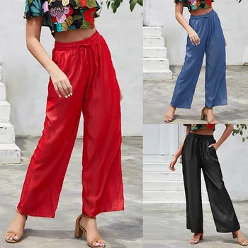 

Autumn Pants NEW Fashion Womens Straight Trousers Loose Solid Color Lace UP Elastic Waist Casual HOT Selling Pant Freeship брюки