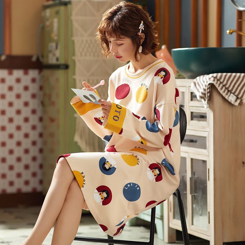 

Pure Cotton Nightgown Women's Spring And Autumn Long Sleeve Korean-style Student Tracksuit Cartoon Cute Thick Mid-length Pajamas