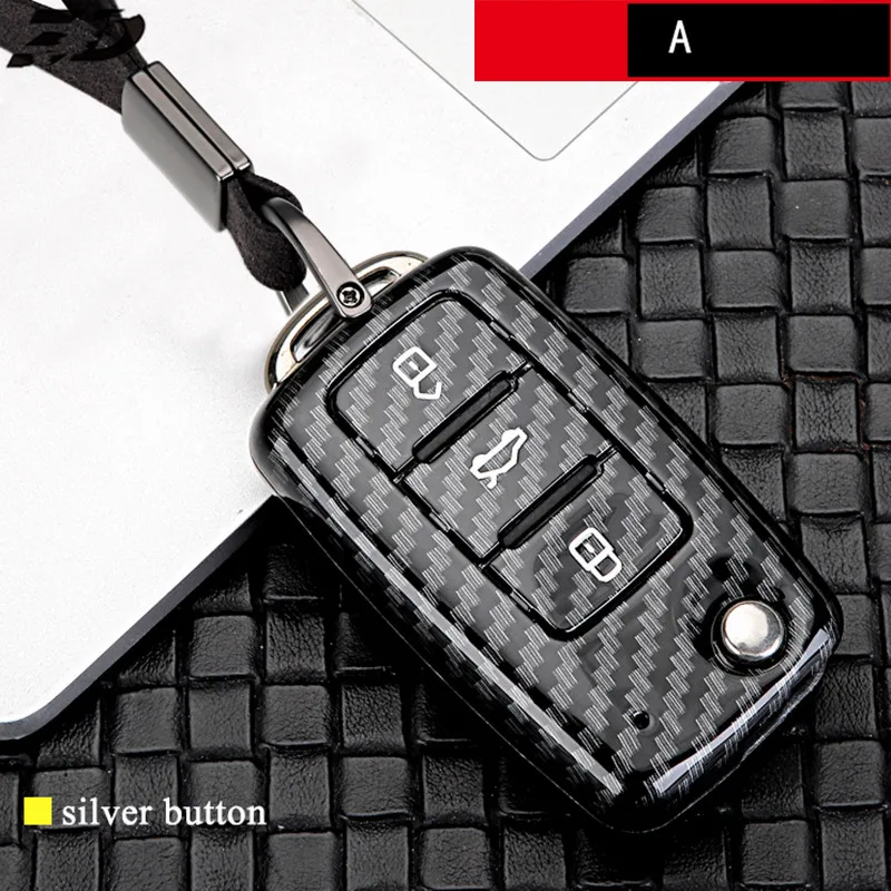 Carbon Fiber Car Key Remote Case Cover Holder Case For Volkswagen VW Golf 7 passat b6 mk7 Seat Ibiza Leon Altea Aztec For Skoda - Название цвета: A Silver Button