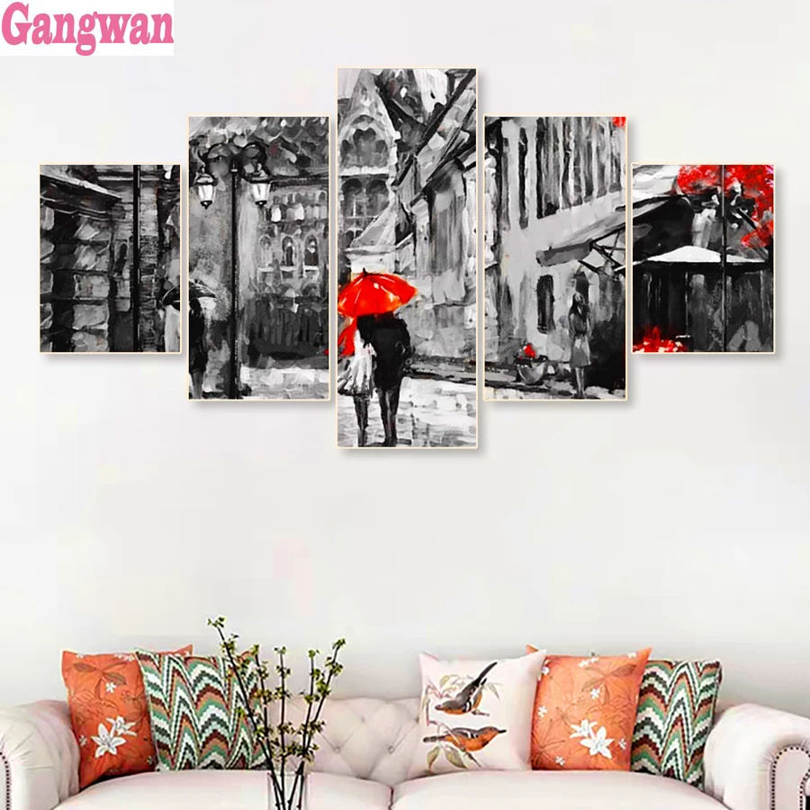 Lover Rain Street Landscape 5D DIY square/round Diamond Painting Cross Stitch Embroidery Rhinestone 5 pcs set home decor | Дом и сад