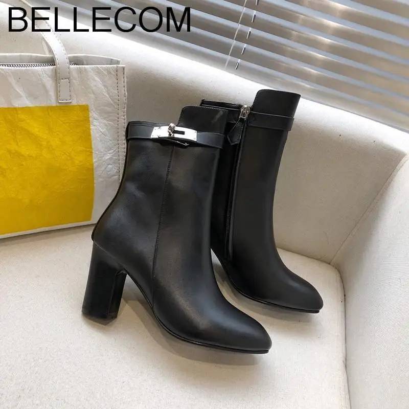 

BELLECOM Fall New Star Suede Fine-heeled Mid-boot Tip High-heeled Women's winter high heel Boots for women