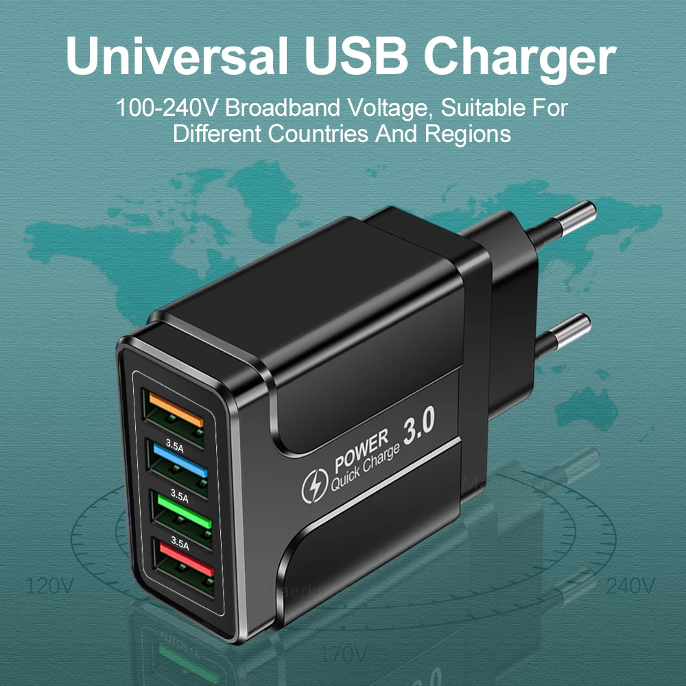 4 포트 USB 충전기 빠른 충전 3.0 4.0 iPhone 13 Pro Max 태블릿 고속 충전용 범용 벽 휴대 전화 고속 충전기
