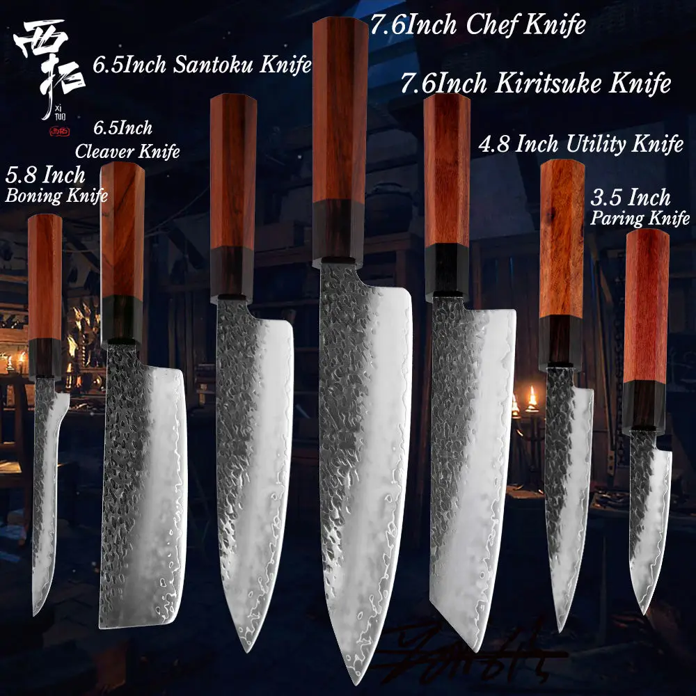 7 PCS Set XITUO нож шеф-повара трехслойный композитный из нержавеющей стали ручной ковки японский кухонный нож Кливер обвалка кирицукэ кулинарный нож - Цвет: 7 PCS Set