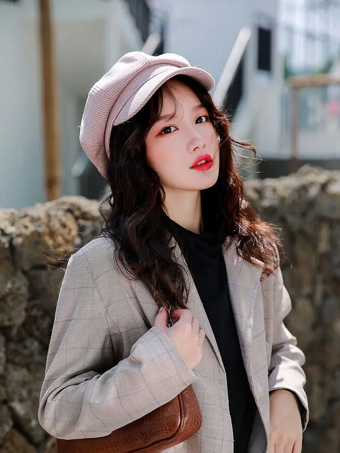 Шапка женская новая осенняя и зимняя теплая Толстая решетка восьмиугольная шляпа из кашемира модной вязки кепка газетчика Британский берет