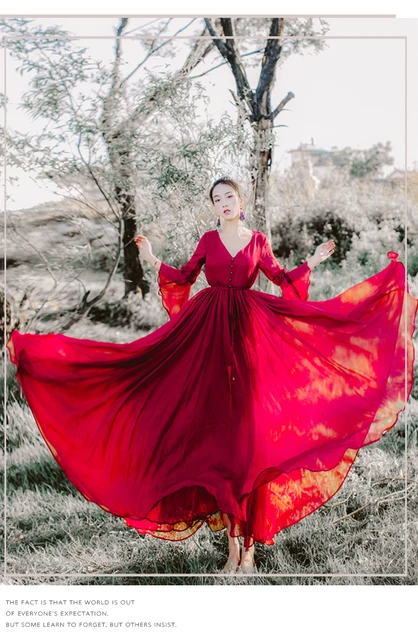 Summer Elegant Red Dress Women's Clothing 2022 New Literary Retro Slim  Chiffon Dress Vacation Red Desert Seaside Dresses D1280