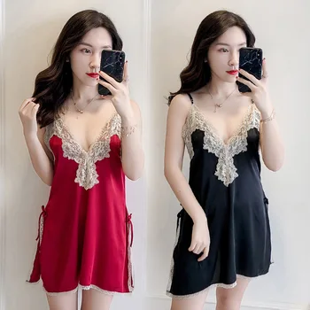 

Nightdress Woman Summer Sexy Sleepshirt Lace Taste Underwear Europe and America Wind Sexy Temptation High Fork Opening Camisole