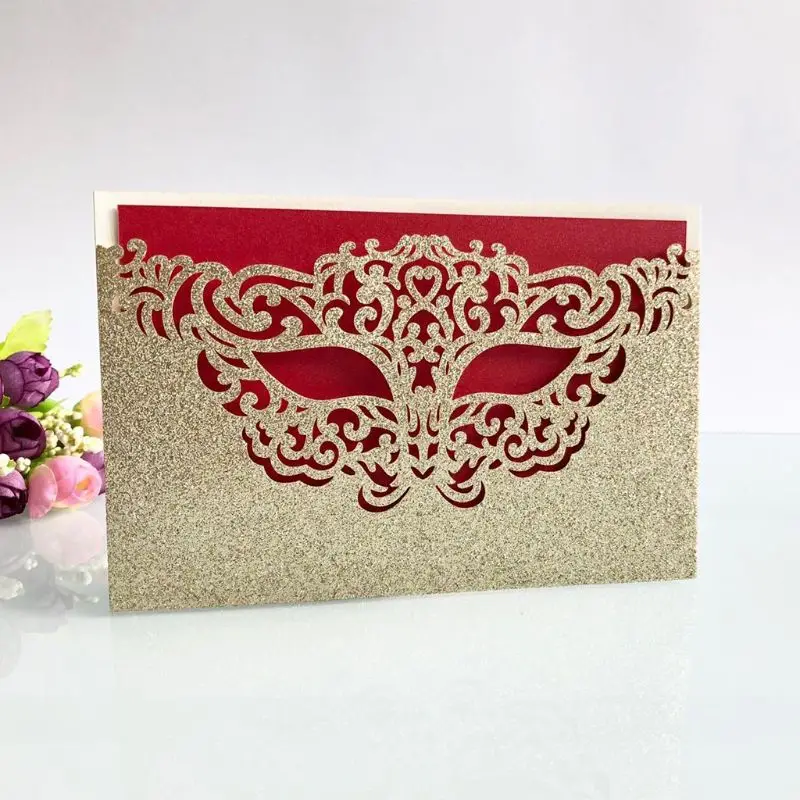  25pcs Gold Glitter Wedding Invitation Cards Laser Cut Party Invitations with Red Kraft Card Inserts - 4.00007E+12
