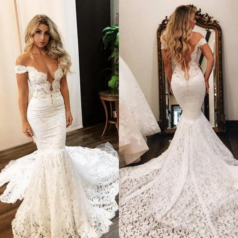 Sexy Mermaid Lace Wedding Dresses Long 2019 Vestido De Novia Off The Shoulder V Neck Wedding Gowns Sweep Train Bride Dress Buy At The Price Of 138 58 In Aliexpress Com Imall Com