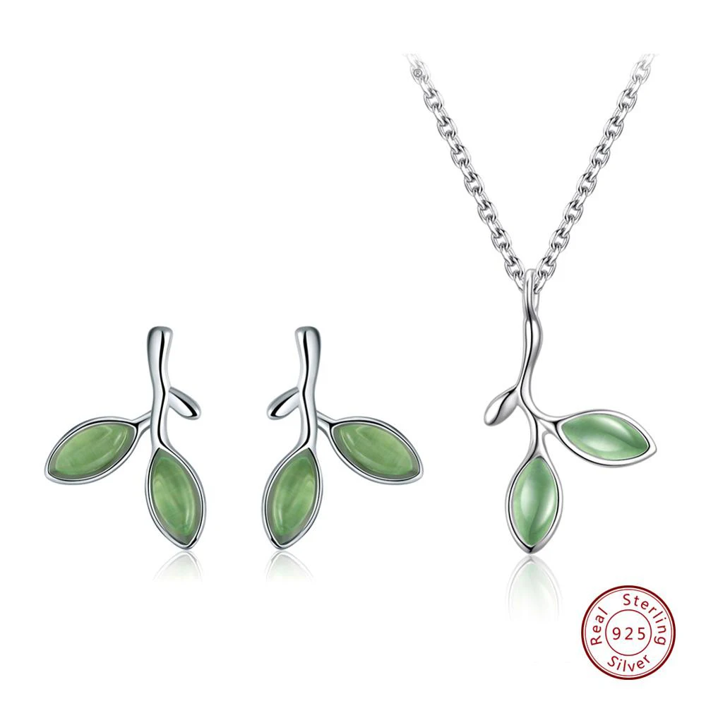 Earring Necklace Effie queen 925 пробы Серебряные Ювелирные наборы для женщин форма зеленого листа кошачий глаз камень ожерелье/серьги/Кольцо/браслет TSS21 - Цвет камня: Earring Necklace