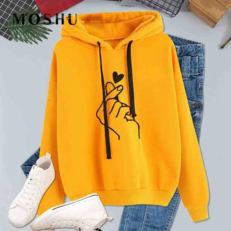  Finger Heart Love Print Hoodies Women Casual Kpop Sweatshirts Female Pattern Hooded Long Sleeve Dra