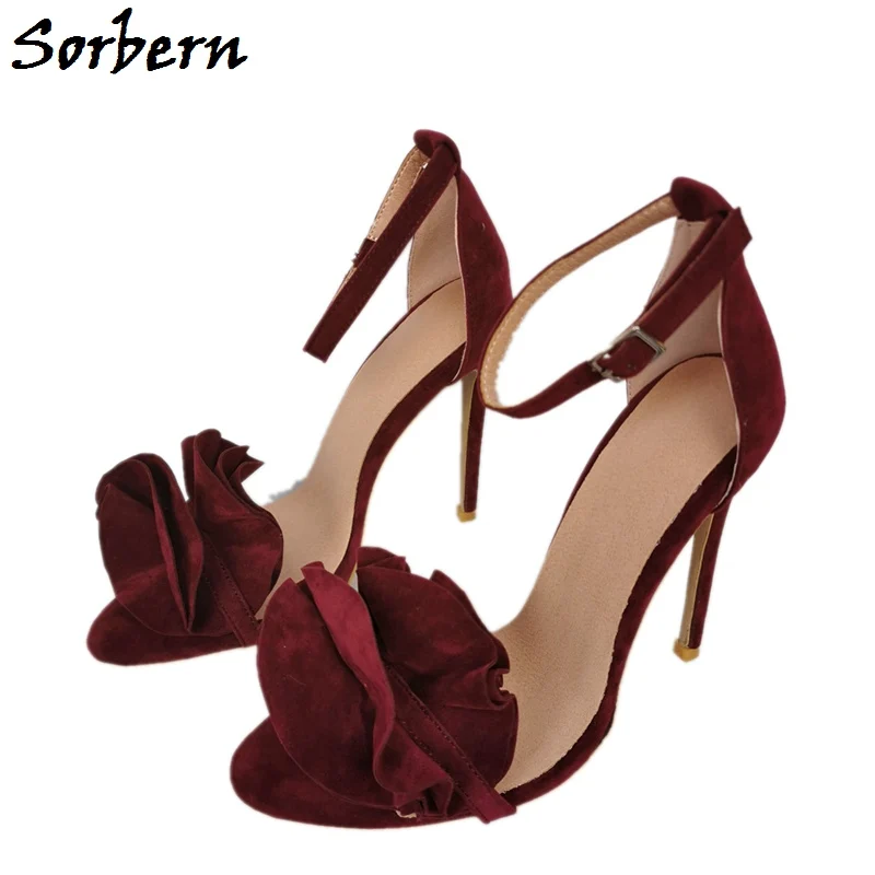 

Sorbern Wine Red Sandals Women High Heel Ankle Straps Flowers Party Heel Sandals For Women Covered Heel Stilettos Summer Shoe