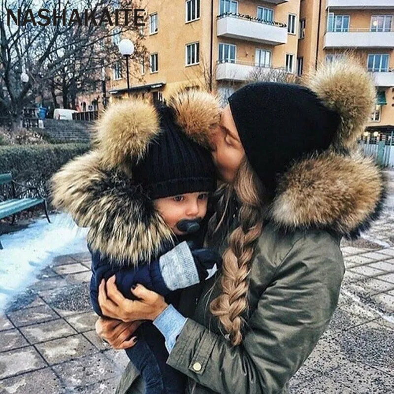 NASHAKAITE, шапки для всей семьи, для мамы и детей, вязаные шапки с двумя помпонами, Осень-зима, 2 шт., шапки для женщин и малышей, шапка