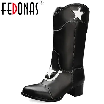 

FEDONAS Western Style Women Synthetic Leather Mid-Calf Boots Slip On Western Boots Night Club Shoes Woman Winter Big Size Boots