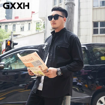 

GXXH 2019 Autumn Cotton Black Shirt Men Dress Casual Button Loose Fit Long Sleeve for Male Fashions Brand Blouse Plus Size 7XL