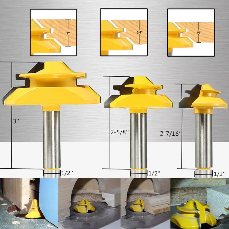 

Hot Sale 3Pcs 1/2 inch Shank Lock Miter Glue Joint Router Bit 45 Degree Woodwork Cutter Set