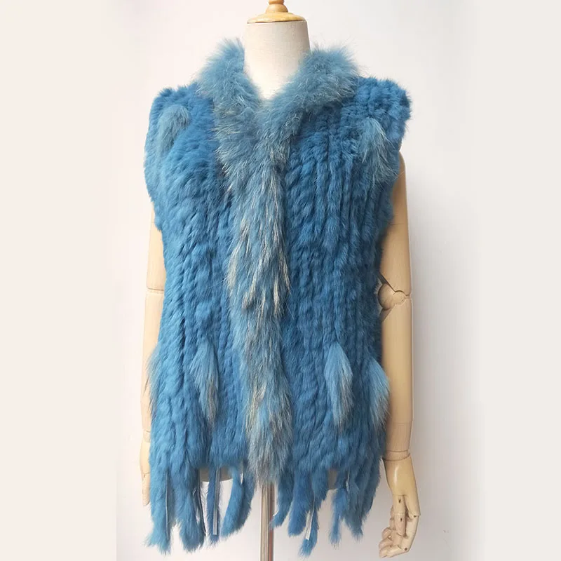 Natural Real Rabbit Fur Knitted Vest With Tassel Genuine Fur Warm Sleeveless Women Fur Gilet With Real Raccoon Fur Trimming