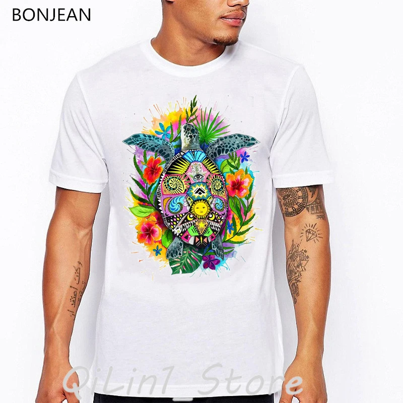 

Watercolor Turtle animal print rainbow shirt men cool hip hop t shirt summer top tee shirt homme white tshirt man streetwear