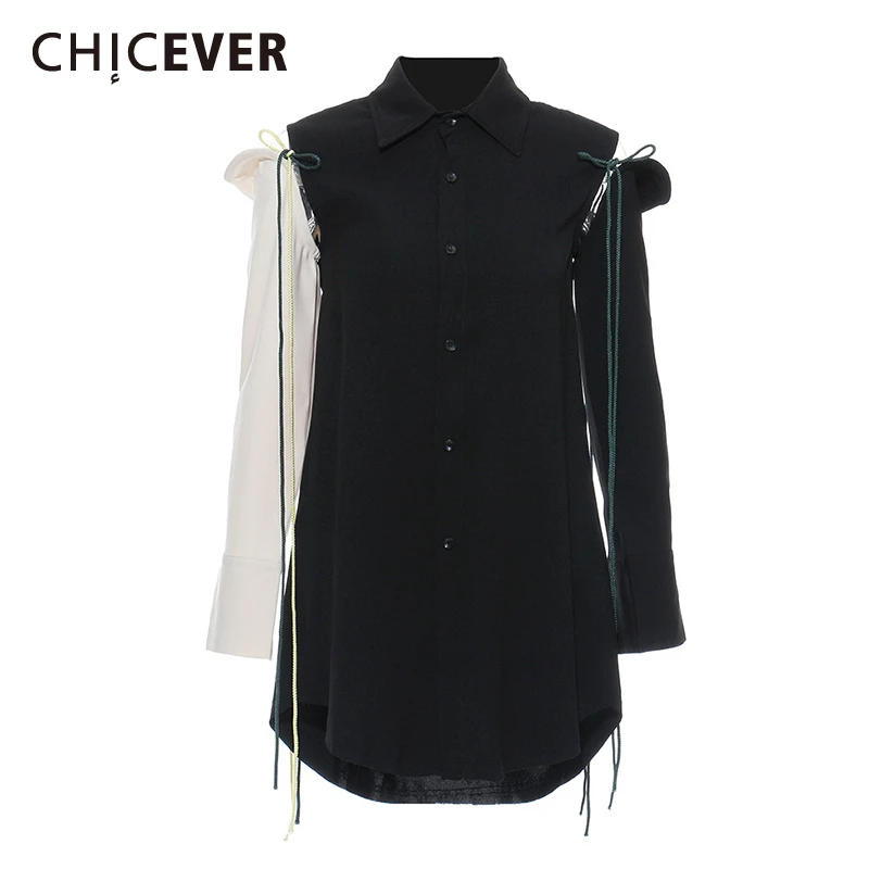 

CHICEVER Autumn Hit Color Hollow Out Womens Tops And Blouses Stand Collar Long Sleeve Bandages Shirt Female Fashion New Casual