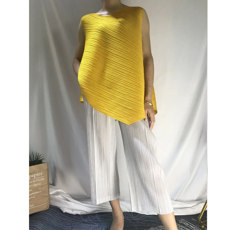 Miyake плиссированные топы без рукавов женские новые модные однотонные Нестандартные Свободные футболки с круглым вырезом Женская футболка Корейская одежда