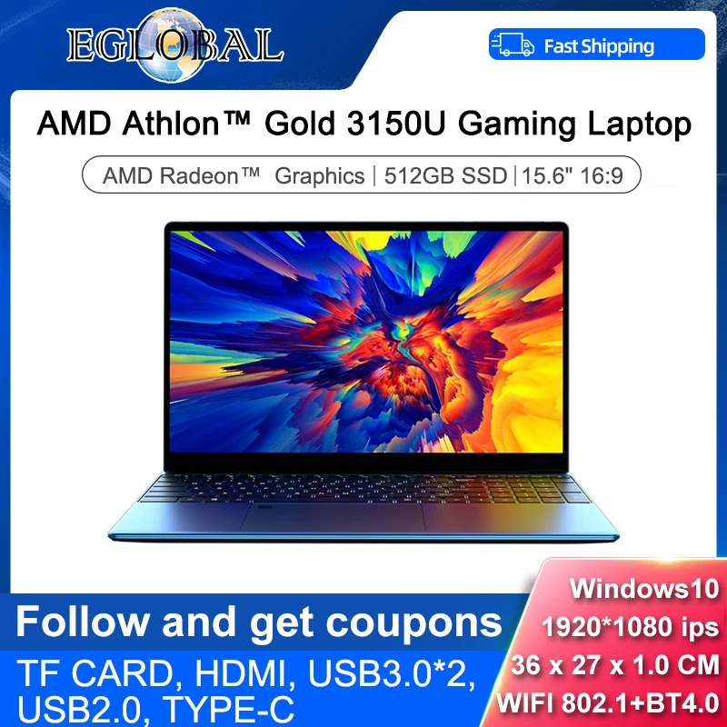 Laptop Ultra Sottile Eglobal 15.6 Pollici Amd Athlo Gold 3150U Radeon Graphics Windows 10 Pro Key Notebook Computer Pc Netbook Ac Wifi