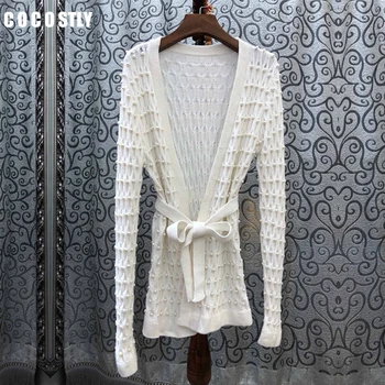 

2019 Autumn Fashion White Sweater Cardigan Women Beading Buttons Long Sleeve Knitted Tops Coat Ladies Casual Cardigan