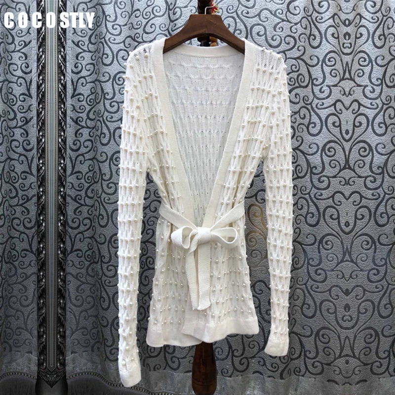Best Price 2019 Autumn Fashion White Sweater Cardigan Women Beading Buttons Long Sleeve Knitted Tops Coat Ladies Casual Cardigan