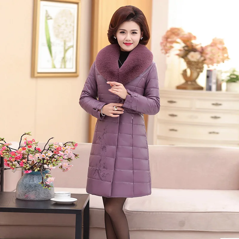 

2019 New Style Middle-aged WOMEN'S Apparels Winter Cotton Overcoat Mid-length Middle-aged Women Dress Thick Fashion Leather Coat