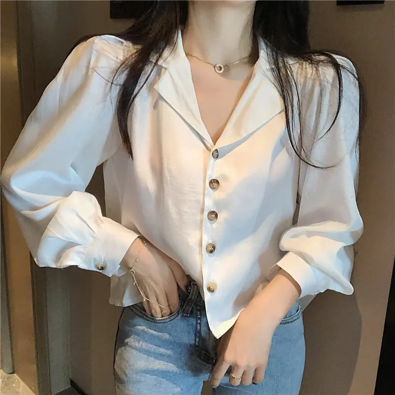 

Alien Kitty White Stylish Solid Gentle Loose Office Ladies Notched Elegant All-Match Brief Casual Single-Breasted Short Shirts