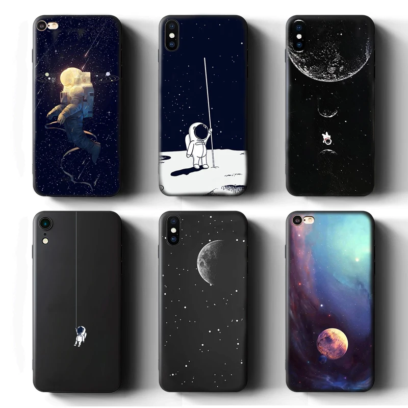 

For Fundas iPhone 12 11 Pro XS Max 7 8 6S 6 Plus 5 S SE 2020 XR X 11Pro Case Star Moon Earth Aerospace Soft Black Back Cover