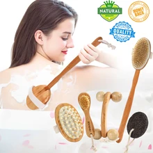 Natural Bristles Bath Brush Body Maasage Long Handle Bath Brush Body Exfoliating SPA Hot Dry Skin Body Wooden Dry Brush 6pcs