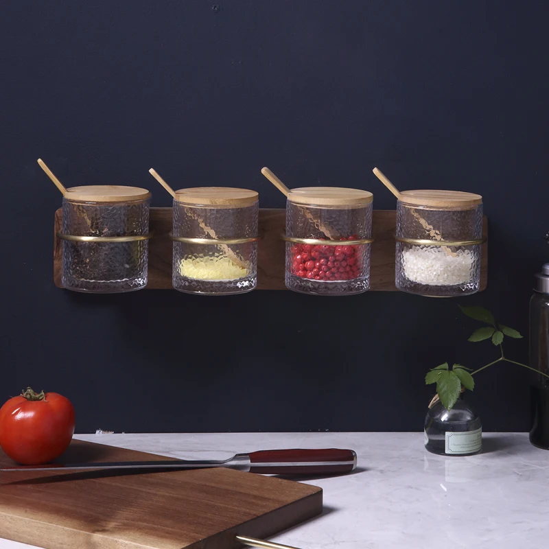  Brass and Black Walnut Wood Kitchen Shelf Seasoning Jars Spice Rack with Glass Cup Wall-mounted Pun - 4000299480787