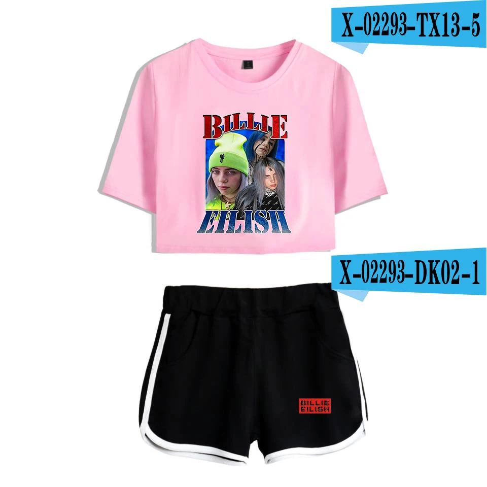 As Picture Popular new to Billie Eilish black short belly button T-shirt+ white shorts fashion women casual cotton girl two-piece - Цвет: As Picture
