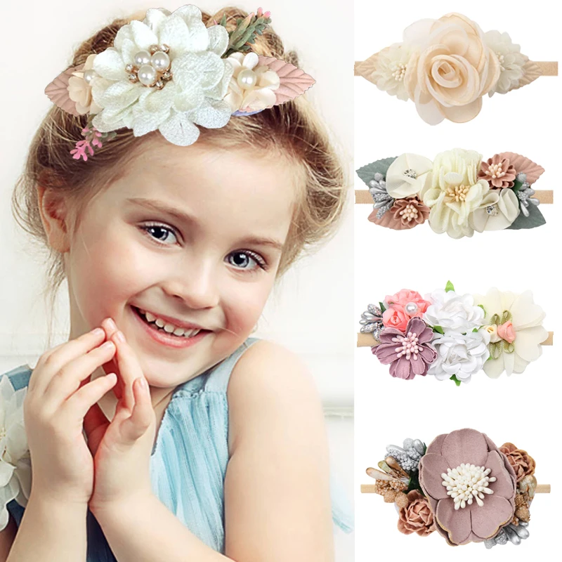 Diademas de flores para bebé, cintas elásticas de nailon hechas a mano con flores para niña recién nacida, 3 estilos