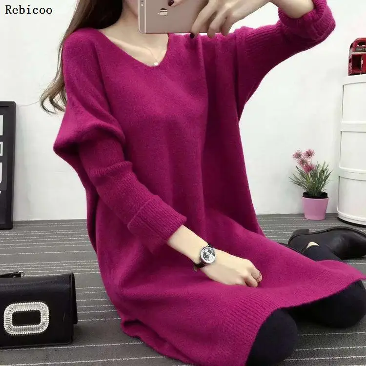

New Winter Big Size Casual Loose Knitted Sweaters Dress For Women Long Sleeve Side Split Pullovers Knitting Dress Female