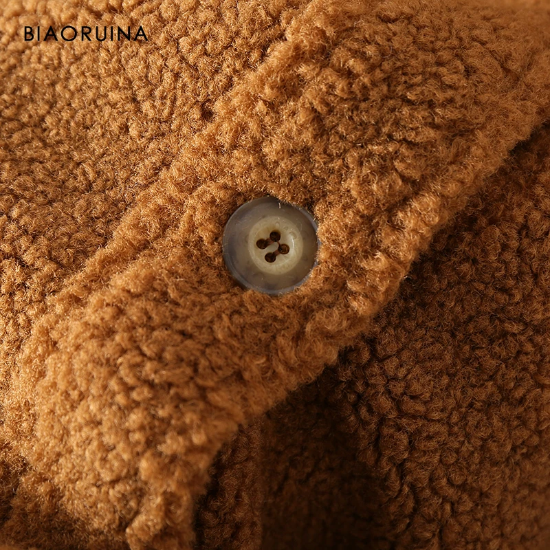 BIAORUINA, 4 цвета, женское одноцветное однобортное пальто из овечьей шерсти с поясом, женская теплая свободная Удобная верхняя одежда из искусственного меха