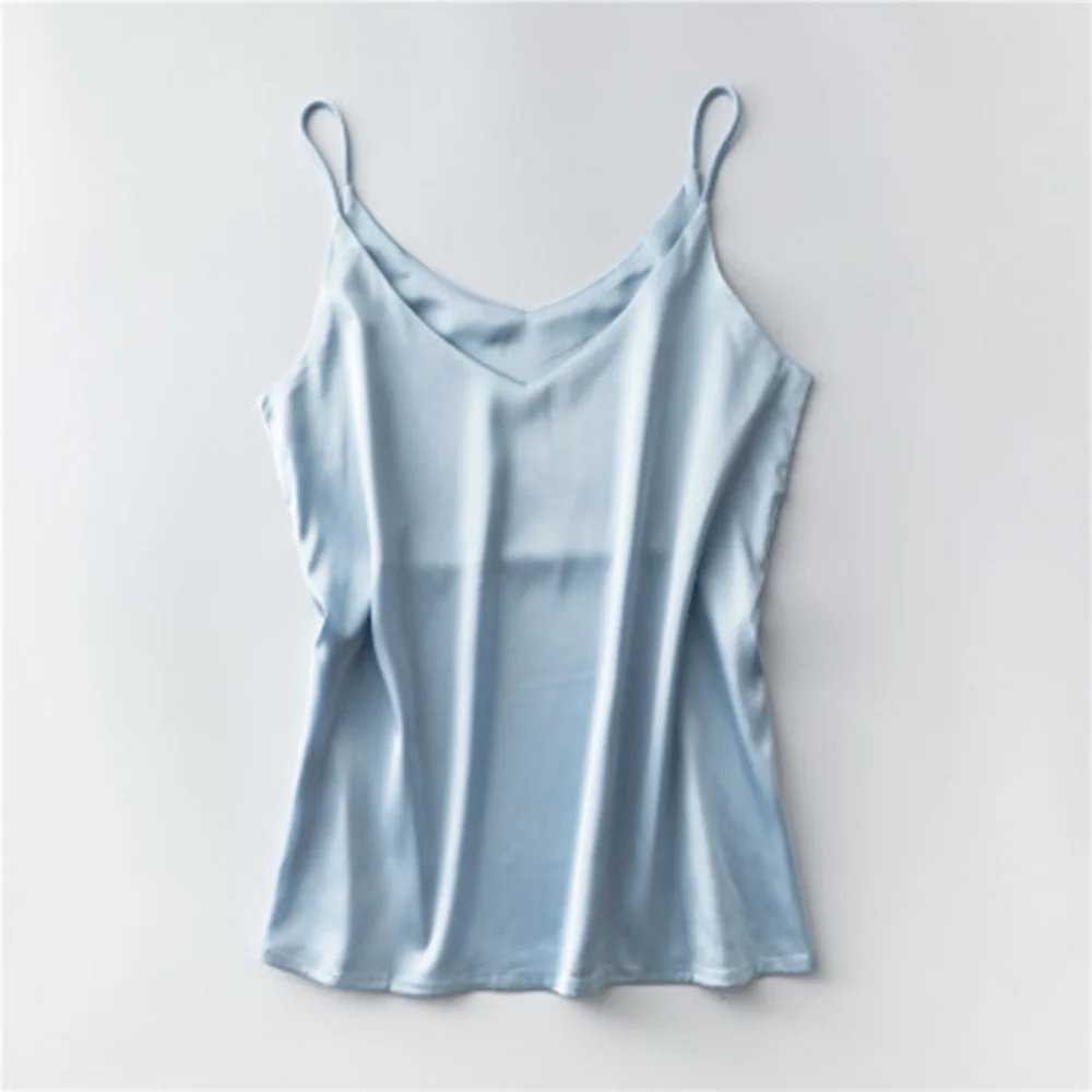Light Blue Женский топ с v-образным вырезом, без рукавов, на тонких бретельках, атласный Шелковый Топ, женская летняя майка, рукав на плече - Цвет: Light Blue