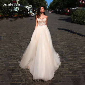 

Smileven Champagne Lace Princess Wedding Dress 2020 3D Appliqued Lace Robe De Mariee Lace Bridal Dresses Train Wedding Gowns