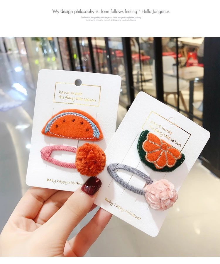 2Pcs/Set Girls Cute Fruit Hairball Hollow Plush Hair Clips Children Soft Fabric Hairpins Barretters Sweet Kids Hair Accessories