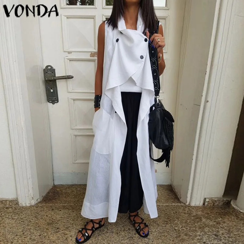 VONDA Fashion Blouses And Tops Solid Color Sleeveless Plus size Cardigan Loose Pockets Women's Tuni