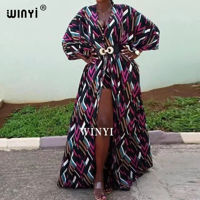 2021 two-piece suit Bohemian Printed Over Size V-neck Batwing Sleeve trab Dress Women Elastic Silk Floor Length New Fashion Tide 1