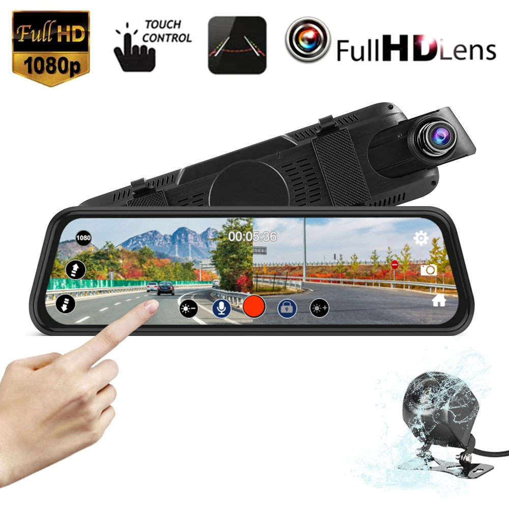 10" Touch Screen 1080P Full HD Car DVR Dash Camera Dual Lens Auto Camera Video Recorder Rearview Mirror with Real View Camera