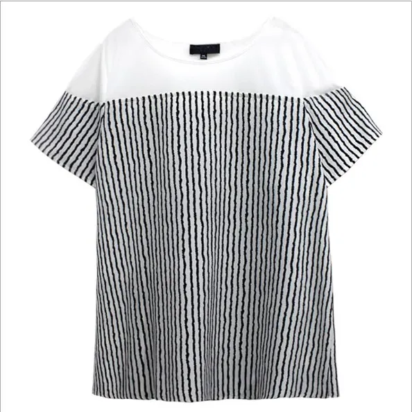 Женская одежда 10XL размера плюс корейские женские футболки новые летние свободные стильные сетчатые Лоскутные офисные полосатые футболки HJ781 - Цвет: Белый