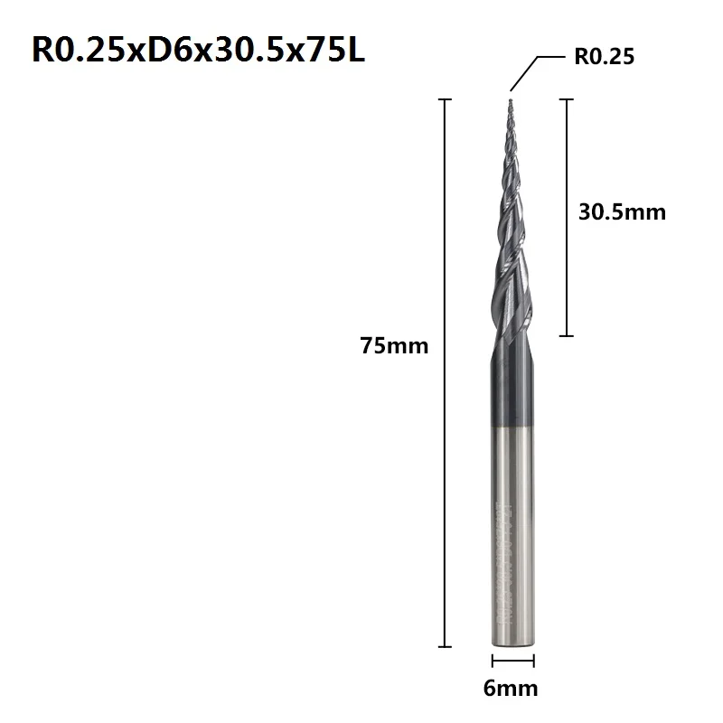 XCAN 1pc R0.25-R2.0 TiAIN Coating 2 Flute Tapered Ball Nose End Mill CNC Router Bit Carbide Milling Cutter Wood Engraving Bit - Cutting Edge Length: R0.25xD6x30.5x75L